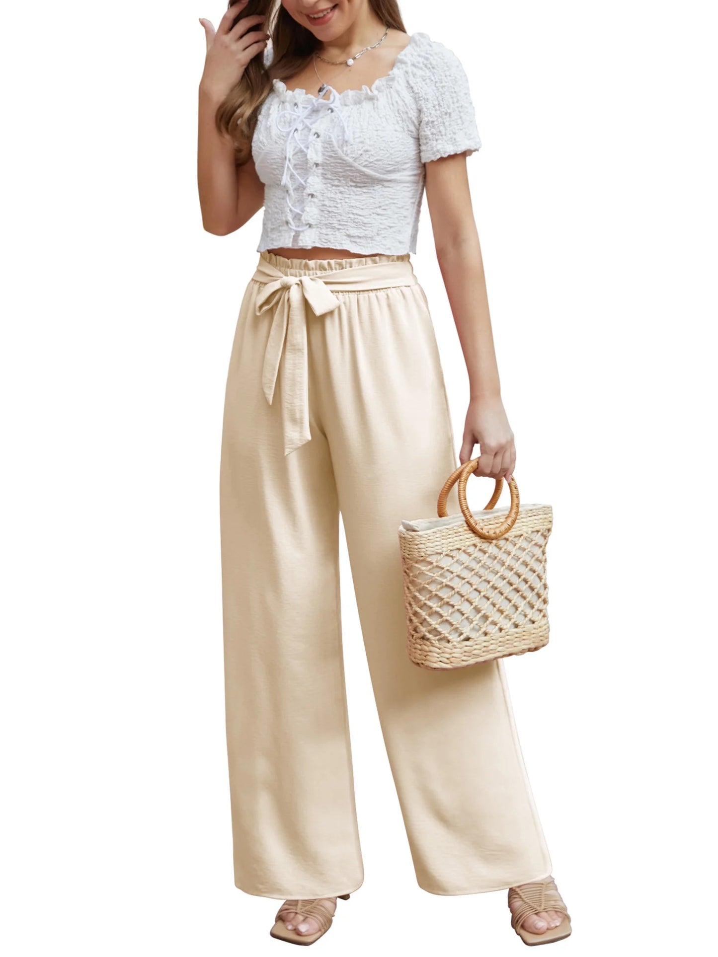 Women Casual Wide Leg Pants High Waisted Business Work Casual Pants Loose Flowy Beach Palazzo Pants