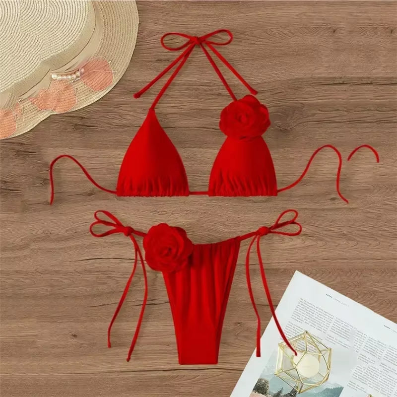 Sexy Flower Bandeau Swimwear Thong Bikini 2024 Women Lace-Up Swimsuits Swimming Bathing Suit Brazilian Bikinis Set Mujer Biquini