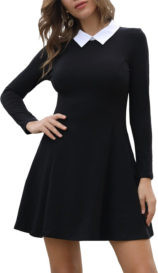 Women'S Long Sleeve Casual Peter Pan Collar Fit and Flare Skater Dress