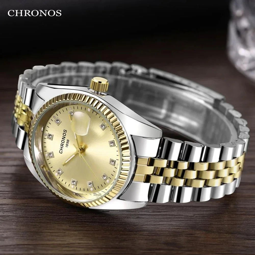 Men Luxury Rhinestone Watch Gold Waterproof Stainless Steel Bracelet Calendar Wrist Watch Male Two Tone Business Clock CH2903