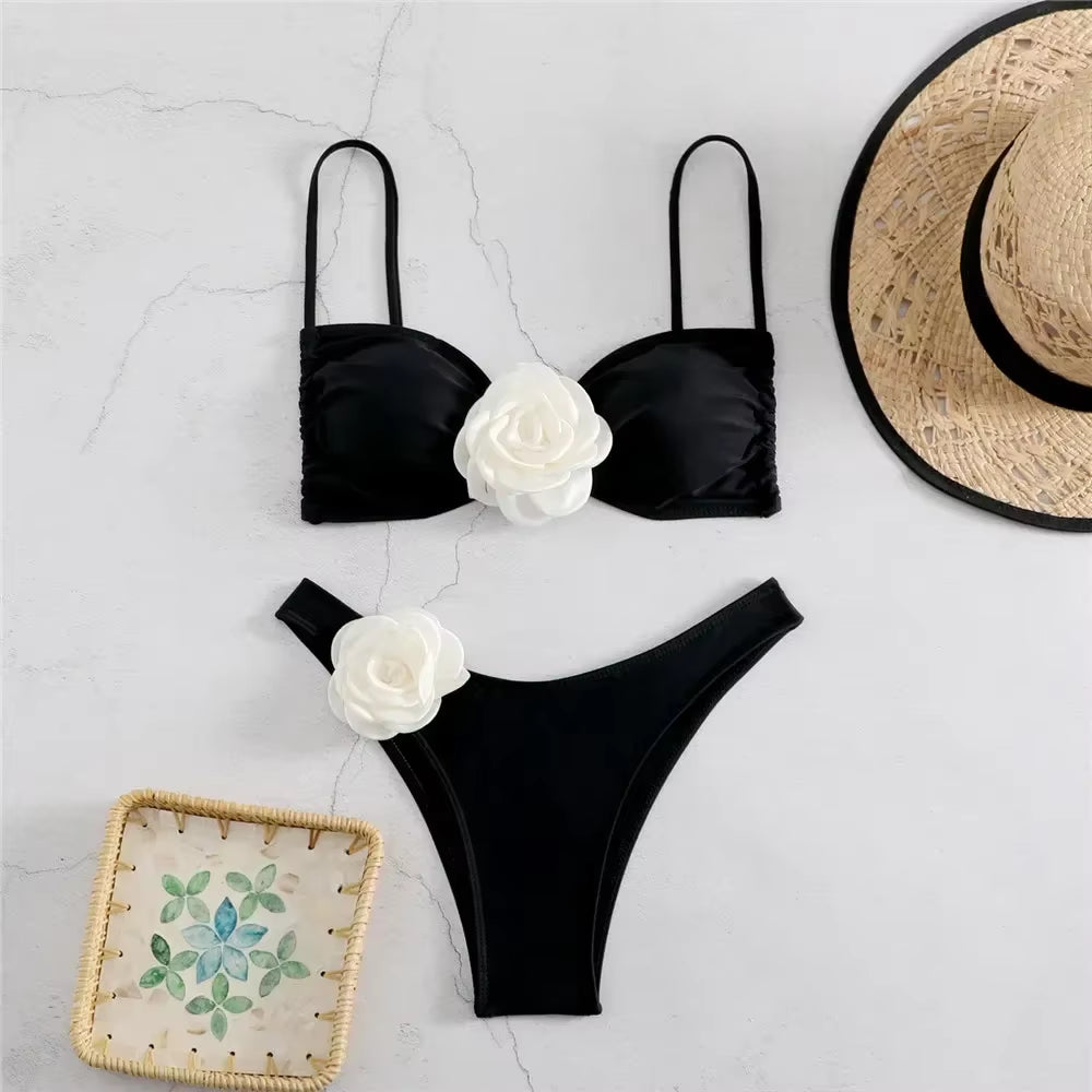 Sexy Flower Bandeau Swimwear Thong Bikini 2024 Women Lace-Up Swimsuits Swimming Bathing Suit Brazilian Bikinis Set Mujer Biquini